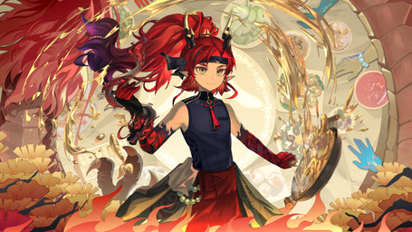 accessory chopsticks food front_view furniture hair headband holding_chopsticks holding_object holding_wok horn humanoid_pointy_ears long_hair looking_at_viewer male plate pointy_ears ponytail red_hair smile solo soup table wok birchboat arknights hypergryph mythology studio_montagne yu_(arknights) animal_humanoid dragon dragon_humanoid humanoid mythological_creature mythological_scalie scalie 16:9 2025 4k absurd_res digital_media_(artwork) hi_res widescreen