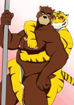 anthro biceps brown_body brown_fur duo eyebrows fur holding_fixture male male/male muscular muscular_male nude overweight pecs pole slightly_chubby standing stripper_pole thick_eyebrows theyiffer_(artist) morenatsu juuichi_mikazuki torahiko_ooshima bear black_bear felid mammal moon_bear pantherine tiger ursine hi_res