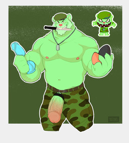 accessory anthro arm_hair belt beret blush body_hair border bottomwear camo camo_bottomwear camo_clothing camo_pants camo_print clothing cock_ring dildo dog_tags fur genitals green_background green_body green_clothing green_eyes green_fur green_hat green_headwear grey_border grin hat headgear headwear holding_dildo holding_object holding_sex_toy jewelry knife looking_at_viewer male mouth_hold muscular muscular_anthro muscular_male navel necklace nipples outline pants pattern_bottomwear pattern_clothing pattern_pants pecs penis penis_accessory penis_jewelry penis_poking_out penis_through_fly rape_face sex_toy simple_background smile solo teeth vein veiny_penis white_outline flufflecraft happy_tree_friends flippy_(htf) fliqpy_(htf) bear mammal absurd_res hi_res reference_image