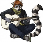 alternative_fashion amber_eyes anthro biped black_nose bottomwear brown_hair clothed clothing ear_piercing eyewear fluffy footwear fully_clothed gauged_ear glasses guitar hair happy hipster male musical_instrument musician pants piercing playing_guitar playing_music plucked_string_instrument punk ring scarf shoes short_hair simple_background sitting smile sneakers solo string_instrument white_background fcsimba lemur mammal primate ring-tailed_lemur strepsirrhine 2013 hi_res