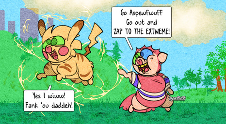 ambiguous_feral ambiguous_gender blue_eyes blue_sclera clothed clothing dialogue electricity featureless_feet featureless_hands feet feral green_eyes green_sclera heart_nose heart_symbol heterochromia jumping on_hind_legs open_mouth outside plant red_clothing red_topwear smile speech_bubble teeth text topwear tree young young_ambiguous young_feral spacefluff 4chan fluffy_pony nintendo pokemon sonichu_(series) chris_chan sonichu_(character) domestic_pig generation_1_pokemon mammal pikachu pokemon_(species) suid suine sus_(pig) 2023 artist_name crossover digital_media_(artwork) english_text hi_res shaded