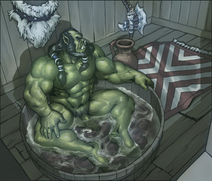 5_fingers 5_toes abs axe balls bathing beard big_muscles black_hair blue_eyes braided_hair facial_hair feet fingers flaccid foreskin genitals green_body green_nipples green_skin hair humanoid_feet humanoid_genitalia humanoid_hands humanoid_penis humanoid_pointy_ears long_hair male melee_weapon muscular muscular_humanoid muscular_male nipples not_furry nude pecs penis plantigrade pointy_ears pubes solo toes tusks vein veiny_muscles weapon captaingerbear blizzard_entertainment warcraft thrall_(warcraft) humanoid mammal orc 2020 hi_res