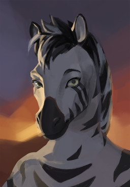 anthro black_body black_fur black_hair black_mane black_nose black_stripes facial_markings front_view fur hair head_markings looking_at_viewer male mane markings multicolored_body multicolored_mane outside simple_background snout solo striped_body striped_fur stripes sunset two_tone_body two_tone_mane white_body yellow_eyes dashing equid equine horse mammal zebra bust_portrait digital_media_(artwork) headshot_portrait hi_res portrait
