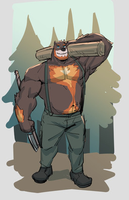anthro axe bottomwear brown_body brown_fur clothing fur humanoid_hands lumberjack male melee_weapon musclegut muscular navel outside pants plant solo suspenders tree weapon cyanroll bear mammal 2021 hi_res