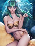 animal_print bikini breasts cleavage clothed clothing electricity eyelashes fang_out fangs female fingernails green_eyes green_hair hair heart_symbol horn lips long_hair matching_hair/eyes medium_breasts nails navel pointy_ears realistic solo swimwear teeth tiger_print two-piece_swimsuit artgerm urusei_yatsura lum_(urusei_yatsura) humanoid 3:4 signature