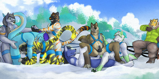 all_fours anal anal_penetration animal_genitalia animal_penis anthro anthro_on_anthro anthro_penetrated anthro_penetrating anthro_penetrating_anthro athletic athletic_anthro athletic_male black_body black_fur black_hair black_penis blue_body blue_eyes blue_fur blue_harness bodily_fluids bottomwear brown_body brown_bottomwear brown_clothing brown_fur brown_pants canine_genitalia canine_penis clothed clothing cum cum_in_ass cum_in_mouth cum_inside cum_on_chest cum_on_face cum_on_own_chest cum_on_own_face cum_on_own_penis cum_on_penis cum_on_self day eyes_closed fellatio foursome from_behind_position fur genital_fluids genitals glowing glowing_markings green_body green_clothing green_eyes green_fur green_jacket green_penis green_topwear grey_body grey_fur grey_hair group group_sex hair harness head_tuft jacket kneeling knot looking_pleasured lying male male/male male_anthro male_penetrated male_penetrating male_penetrating_male markings mouth_closed narrowed_eyes nude on_back one_eye_closed oral orange_eyes outside pants parallel_sex penetration penile penile_penetration penis penis_in_ass red_eyes sex slim_anthro slim_male snow spitroast spread_legs spreading striped_arms striped_legs striped_markings striped_tail stripes tail tail_markings threesome topwear tuft white_body white_fur white_hair white_penis yellow_body yellow_fur hufnaar mythology canid canine dragon felid mammal mythological_creature mythological_scalie pantherine scalie tiger 2016 dated hi_res