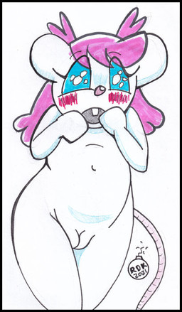 alternate_species anthro blue_eyes blush buckteeth female fur furrification genitals hair loli navel no_pupils nude open_mouth pink_hair solo teeth vulva white_body white_fur young young_anthro young_female reddragonkan legendz meg_(legendz) mammal mouse murid murine rodent 2021 dated marker_(artwork) traditional_media_(artwork)