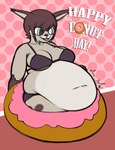 anthro belly big_belly bra breasts brown_hair clothed clothing dessert doughnut eyewear female food hair hand_on_belly kneeling markings navel obese open_mouth overweight overweight_anthro overweight_female panties partially_clothed pastry pink_background simple_background smile solo spots spotted_markings sunglasses text underwear underwear_only pewbutt donut_day snow_(pewbutt) felid feline lynx mammal 2014 english_text