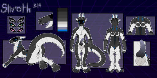 3_toes 4_fingers anthro big_tail black_body dracoloup_co feet fingers genitals glowing glowing_eyes horn infinity_symbol lore machine male multicolored_body penis purple_flesh ring symbol synthetic synthetic_dragon tail thick_tail toes two_tone_body white_body worldbuilding between_worlds mythology 3.14_(character) infinite sliv'oth dragon mythological_creature mythological_scalie scalie synth_(vader-san) hi_res model_sheet