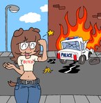 banana_peel blue_sky bottomwear brick_wall broken_window brown_hair car car_accident car_crash clothing cloud denim denim_bottomwear denim_clothing female gasoline hair jeans midriff navel oil_spill pants police police_car police_vehicle print_clothing print_shirt print_t-shirt print_topwear puddle shirt sky smile solo star_emanata street_lamp t-shirt tire tongue tongue_out topwear vehicle wall_(structure) niceupdog animal_humanoid canid canid_humanoid canine canine_humanoid dog_humanoid humanoid mammal mammal_humanoid