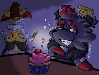 ambiguous_gender angry anthro arm_tuft band-aid bandage black_body black_fur candle cheek_tuft chest_tuft clothing collar cupcake digitigrade dipstick_tail duo everstone facial_tuft feral fire food fur hat headgear headwear imminent_attack inner_ear_fluff livestock_tag looking_at_viewer male markings multicolored_body multicolored_fur notched_ear orange_body orange_eyes orange_fur orange_nose red_body red_fur shoulder_tuft smug_eyes smug_face stick tail tail_markings tuft wand white_body white_fur witch_hat yellow_body yellow_fur wakke nintendo pokemon braixen canid canine fox generation_5_pokemon generation_6_pokemon mammal pokemon_(species) zorua digital_media_(artwork) hi_res