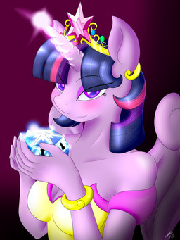 anthro anthrofied box breasts cleavage clothed clothing container crown dress eyeshadow feathered_wings feathers female fur glowing gold_(metal) gradient_background hair headgear holding_object horn lock looking_at_viewer magic makeup multicolored_hair purple_body purple_eyes purple_feathers purple_fur purple_hair simple_background solo sparkles two_tone_hair wings blueondrive friendship_is_magic hasbro my_little_pony mythology twilight_sparkle_(mlp) equid equine mammal mythological_creature mythological_equine winged_unicorn 2014 3:4 half-length_portrait hi_res portrait