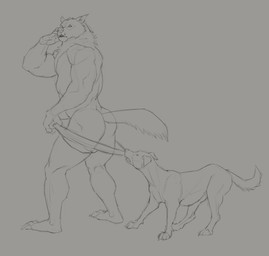 ambiguous_feral ambiguous_gender anthro anthro_on_feral bestiality bottomwear butt clothed clothing duo eyes_closed fangs feral male male_anthro male_on_feral muscular muscular_anthro muscular_male quadruped side_view simple_background standing tail teeth topless aduran canid canine canis domestic_dog mammal absurd_res hi_res monochrome sketch