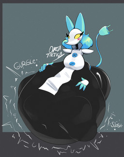 abdominal_bulge anthro belly big_belly black_body blue_ears blue_hair blue_mouth blue_tail border breasts clothing disembodied_hand eyelashes female grey_background grey_border gurgle_(sound_effect) hair hand_on_belly hand_on_own_belly huge_belly hyper hyper_belly machine no_pupils onomatopoeia open_mouth open_smile rumbling_stomach simple_background slosh sloshing_belly smile solo sound_effects tail text thick_thighs three-quarter_view topwear vore white_clothing white_topwear wire_tail yellow_eyes oveja-tactica deltarune undertale_(series) tasque_manager darkner robot robot_anthro 2025 colored digital_media_(artwork) hi_res shaded signature