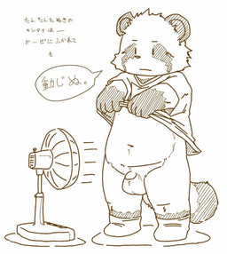 anthro balls belly big_balls clothing disproportionate_genitalia genitals male navel outie_navel penis shirt slightly_chubby small_penis solo text topwear young nama canid canine mammal raccoon_dog tanuki 2015 japanese_text translated