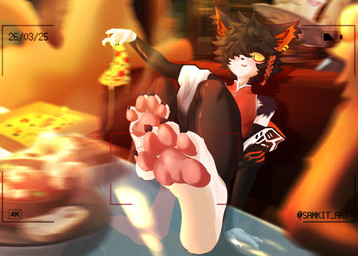 anthro arm_warmers armwear black_hair camera_hud camera_view clothing ear_tuft eating feet femboy food foot_focus hair jacket latex latex_armwear latex_clothing latex_legwear latex_thigh_highs legwear licking licking_lips light male pawpads paws pizza restaurant solo sunlight thigh_highs tongue tongue_out topwear tuft yellow_sclera samkit arknights hypergryph studio_montagne aak_(arknights) hung_(arknights) waai_fu_(arknights) canid canine canis domestic_cat domestic_dog felid feline felis mammal pantherine tiger hi_res