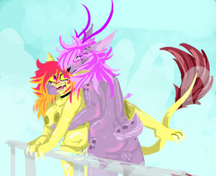 anthro balls balls_deep bath bathhouse bathroom bodily_fluids cum duo female genital_fluids genitals male male/female penetration thrusting foxtrot_uwo traci_flamewell deer felid humanoid lion mammal pantherine lineless