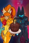 accessory anniversary anthro arm_cannon armor bell birthday birthday_cake blue_body blue_eyes blue_hair bow_ribbon cake candle candlelight cosmic_background cosplay crossover_cosplay dessert duo ear_tuft energy facial_tuft female food fur gesture hair hair_accessory hair_bow hair_on_shoulder hair_on_shoulders hair_ribbon hand_gesture headgear helmet holding_cake holding_food holding_object holding_plate light lights long_hair looking_at_viewer machine orange_body orange_fur orange_hair plate ponytail power_armor red_eyes ribbons smile smiling_at_viewer space space_background sparkles standing text thumbs_up tuft varia_suit visor snoutless metroid metroid_prime nintendo undertale undertale_(series) undertale_yellow ceroba_ketsukane dark_samus canid canine fox mammal 2025 absurd_res artist_name crossover digital_drawing_(artwork) digital_media_(artwork) english_text hi_res