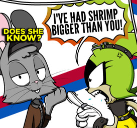 anthro bodily_fluids bottomwear clothing dialogue female innuendo jacket male male/female open_mouth pants saliva smug smug_face speech_bubble text topwear realdash idw_publishing sega sonic_the_hedgehog_(comics) sonic_the_hedgehog_(idw) sonic_the_hedgehog_(series) archie_(archiethare) fan_character surge_the_tenrec afrosoricid hare lagomorph leporid mammal tenrec 2025 digital_media_(artwork) english_text hi_res