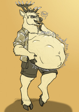 5_fingers anthro antlers bottomwear brown_antlers brown_nose clothed clothing eyewear fingers fur glasses head_tuft heart_symbol horn male neck_tuft open_mouth shirt shorts simple_background solo standing tan_body tan_fur tan_tongue text tongue topwear tuft vore wearing_glasses yellow_background thefreckleden deer mammal new_world_deer reindeer hi_res
