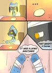 5_panel_comic ambiguous_gender anthro bandage bed bed_sheet bedding black_text dialogue ellipsis floppy_ears furniture inner_monologue looking_at_object motion_lines on_bed orange_eyes paws shadow sitting sitting_on_bed solo sound_effects table text thinking wall_(structure) white_sclera sawlamander nintendo pokemon pokemon_mystery_dungeon spike_chunsoft generation_4_pokemon pokemon_(species) riolu 2025 comic english_text hi_res