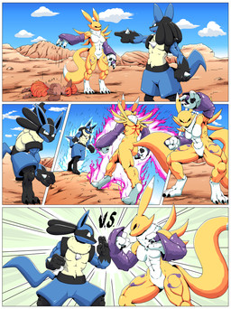 3_fingers 4_fingers abs action_pose angry anthro arm_tuft armwear athletic aura biceps big_ears biped black_body black_claws black_fur black_nose black_pawpads black_sclera blue_aura blue_eyes breasts bridal_gauntlets brown_body brown_fur brown_pawpads butt cjk_character claws clothing cloud countershade_torso countershading curvy_figure desert dirt energy eyebrows facial_markings fangs female female_anthro fight fingers fist fluffy frown fur fur_markings group hair head_markings larger_female larger_male long_tail looking_at_another looking_down looking_up male markings mask_(marking) medium_breasts motion_lines multi_tail muscular muscular_female muscular_male navel neck_tuft onomatopoeia open_mouth orange_body orange_fur orange_hair outside pawpads pecs pecs_with_breasts pink_tongue pose purple_body purple_clothing purple_fur rock serious shoulder_tuft size_difference sky smaller_female sound_effects spikes spikes_(anatomy) standing tail tan_body tan_fur teeth text thick_thighs tomoe_(symbol) tongue trio tuft walking white_body white_countershading white_eyes white_fur yellow_body yellow_fur jisito bandai_namco digimon dragon_ball family_guy_death_pose jojo's_bizarre_adventure menacing_approach nintendo pokemon stardust_crusaders flori_(jisito) canid canine digimon_(species) fox generation_1_pokemon generation_4_pokemon lucario mammal pokemon_(species) renamon vulpix colored comic crossover meme shaded