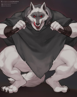 anthro arm_wraps black_clothing black_poncho black_sclera black_topwear bottomless claws clothed clothing crouching digitigrade dual_wielding facial_markings fur grey_body grey_fur gumroad_logo head_markings holding_melee_weapon holding_object holding_sickle holding_weapon instagram_logo licking licking_lips licking_own_lips looking_at_viewer male markings mask_(marking) melee_weapon muscular muscular_anthro muscular_male open_mouth patreon_logo poncho red_eyes sickle simple_background solo text toe_claws tongue tongue_out topwear twitter_logo weapon wraps jimsdaydream dreamworks patreon puss_in_boots_(franchise) twitter death_(puss_in_boots) canid canine canis mammal wolf artist_name url