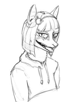 anthro biped clothing egyptian female fur hair hoodie jewelry long_neck looking_at_viewer sharp_teeth simple_background smile solo teeth topwear kettamini missy_(napalm_express) monster wolficus hi_res monochrome sketch
