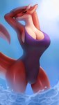 2023 anthro big_breasts breasts bulge cleavage clothed clothing dragon ear_piercing ear_ring gynomorph hand_on_head hi_res horn ikiki intersex mythological_creature mythological_scalie mythology narrowed_eyes one-piece_swimsuit outside partially_submerged piercing red_body red_eyes red_scales ring_piercing scales scalie sky solo standing_in_water swimwear tail wingless_dragon