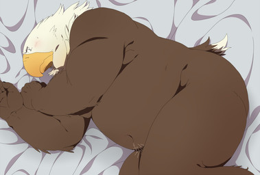 anthro belly brown_body butt humanoid_hands kemono lying male overweight overweight_anthro overweight_male pubes solo white_body chizu avian 2015