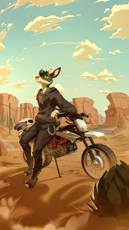 anthro antlers black_boots black_bottomwear black_clothing black_footwear black_pants blue_sky boots bottomwear cactus chain clothed clothing cloud day detailed_background dirt_bike fangs footwear fur glistening glistening_eyes green_body green_ears green_fur green_hair grey_clothing grey_hoodie grey_topwear hair hoodie horn male male_anthro mouth_closed outside pants pink_inner_ear pink_nose plant saguaro shoes short_hair sky solo standing teeth topwear white_antlers white_body white_fur yellow_eyes timmothy_arts deer mammal 4k 9:16 absurd_res hi_res