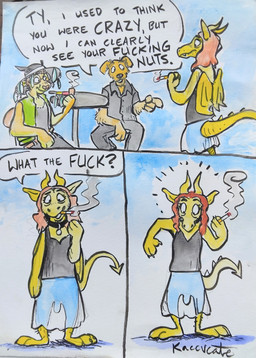 ambiguous_gender anthro balls clothed clothing dialogue fur genitals group hair horn male red_panther simple_background tail text wings kaccvcate mythology canid canine canis cougar domestic_dog dragon felid feline mammal mythological_creature mythological_scalie pantherine scalie absurd_res comic english_text hi_res painting_(artwork) traditional_media_(artwork) watercolor_(artwork) trans_(lore) trans_man_(lore) trans_woman_(lore)