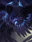 ambiguous_gender beak blue_body blue_eyes blue_feathers claws cloud electricity feathered_wings feathers glowing glowing_eyes night open_mouth outside solo wings alectorfencer avian bird