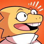 anthro buckteeth clothing coat eyewear female glasses happy lab_coat open_mouth orange_background scales simple_background smile solo teeth topwear yellow_body yellow_scales cubewatermelon undertale undertale_(series) alphys lizard reptile scalie 1:1 2015 bust_portrait icon low_res portrait