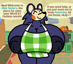 anthro apron apron_only areola big_breasts blue_areola blue_body blue_nipples breasts clothing exclamation_point eyes_closed female huge_breasts hyper hyper_breasts ineffective_clothing nipple_slip nipples open_mouth question_mark smile solo speech_bubble text mattthetooncat animal_crossing nintendo mabel_able eulipotyphlan hedgehog mammal animated english_text loop