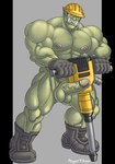 abs armor balls barazoku biceps big_muscles big_penis black_border boots border clothing erection eyewear footwear genitals gloves goggles green_body green_skin grey_background handwear hard_hat headgear helmet holding_object huge_muscles humanoid_genitalia humanoid_penis humanoid_pointy_ears jackhammer looking_at_viewer male muscular muscular_humanoid muscular_male nipples not_furry nude pecs penis pointy_ears power_tool quads shoes simple_background solo standing text tools tusks vein veiny_penis psyertitan humanoid orc 2021 artist_name hi_res