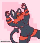anthro black_body breasts female fur genitals nipples paws pokemorph pussy red_body simple_background solo spread_legs spreading tail wide_hips yellow_eyes goombato_dibujos nintendo pokemon felid feline generation_7_pokemon litten mammal pokemon_(species) hi_res