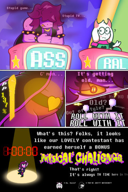 anthro bathroom_denial bladder_bulge bodily_fluids bracelet clenched_teeth clothed clothing cross-popping_vein dialogue electronics female fist for_a_head gameplay_mechanics genital_fluids group internal jewelry male motion_lines omorashi percentage screen screen_face spoiler spotlight sprite studded_armlet studded_bracelet studded_jewelry studs sweat teeth television text thoughts trio urine urine_meter louasis deltarune undertale_(series) ralsei susie_(deltarune) tenna_(deltarune) bovid caprine goat mammal object_head scalie screen_head tv_head 2:3 comic english_text hi_res