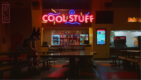 anthro backpack black_body black_clothing black_footwear black_shoes clothing coat eyebrows eyes_closed footwear furniture male neon_sign on_table photo_background shoes sign sitting sitting_on_table socks solo table topwear white_clothing white_eyebrows white_footwear white_socks yellow_clothing yellow_coat yellow_topwear koiyaroid canid canine canis domestic_dog husky mammal nordic_sled_dog spitz mixed_media photography_(artwork) signature