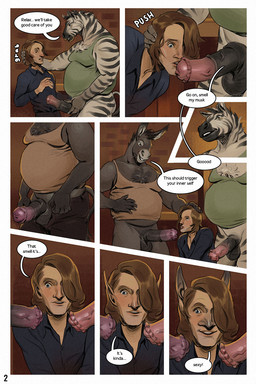 age_difference animal_genitalia animal_penis anthro big_penis comic_panel equine_genitalia equine_penis genitals group male male/male older_anthro older_male overweight overweight_anthro penis questionable_consent sheath size_difference slim smaller_male text transformation transformation_sequence transformation_through_sex trio selezneva asinus donkey equid equine human mammal zebra 2:3 comic english_text hi_res