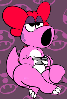 accessory arms_bent bent_legs bow_(feature) bow_accessory bow_ribbon centered_hair_bow controller cord crossed_ankles female game_controller gaming hair_accessory hair_bow hair_ribbon holding_controller holding_game_controller holding_object nes_controller nintendo_controller pattern_background pink_body playing_video_game retro_controller ribbons simple_background sitting solo spread_knees wired_controller aintsmart mario_bros nintendo nintendo_entertainment_system birdo_(character) birdo 2013 digital_media_(artwork) low_res