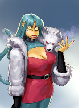 alternate_species anthro bared_teeth blue_body blue_fur blue_hair breasts cleavage clothed clothing collar colored_nails female fur hair lipstick long_hair makeup multicolored_body nails red_lipstick red_nails sharp_nails sharp_teeth simple_background solo spiked_collar spikes standing tail teeth two_tone_body yellow_body yellow_skin redustheriotact punch_punch_forever mika_(ppf) animate_inanimate canid canine canis haplorhine living_clothing mammal monkey primate wolf 2025 hi_res