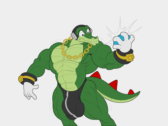 abs anthro biceps big_bulge big_muscles bulge chain_necklace chaos_emerald clothed clothing cuffs_(clothing) electronics gem genital_outline gloves gold_(metal) gold_jewelry gold_necklace green_body growth handwear headphones huge_bulge huge_muscles jewelry male muscle_growth muscular muscular_anthro muscular_male necklace pecs simple_background solo speedo surprised swimwear tail topless transformation underwear unknownwolf sega sonic_the_hedgehog_(series) vector_the_crocodile crocodile crocodilian reptile scalie 2015 4:3 digital_media_(artwork)