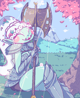 armor axe braided_hair breasts cloud day eyes_closed female hair humanoid_pointy_ears long_hair melee_weapon not_furry outside plant pointy_ears ponytail sitting smile solo tree weapon white_hair glittermiilk humanoid orc 2017