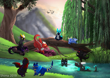 ambiguous_gender chibi dereius feral group kegeti lake membrane_(anatomy) membranous_wings neonate noscaliehere plant playful playing tail tree wings young young_feral shima_laqi mythology amethyst_(crescent0100) ishalik kaylum_(thatonescalie) percivel_frostwing rekiz suveru_(suveru19) xelereth dragon mythological_creature mythological_scalie scalie