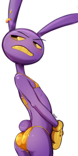 anthro bikini blush butt clothed clothing gloves gold_bikini handwear male nipple_outline purple_body purple_butt purple_ears purple_tail solo swimwear tail teeth two-piece_swimsuit yellow_bikini yellow_bikini_top yellow_clothing yellow_gloves yellow_handwear yellow_sclera yellow_swimwear yellow_teeth dandi glitch_productions the_amazing_digital_circus jax_(tadc) lagomorph leporid mammal rabbit hi_res