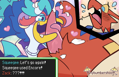 ambiguous_gender anthro balls beak beak_fetish beak_play beak_sex beakjob blue_body blue_eyes blue_feathers bodily_fluids cum cumshot duo ejaculation erection feathers genital_fluids genitals licking male male/ambiguous oral penile penis penis_lick red_body red_feathers sex shocked smile tapering_penis text text_box tongue softbirbmlem nintendo pokemon avian blaziken generation_3_pokemon generation_9_pokemon pokemon_(species) quaquaval absurd_res english_text hi_res