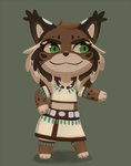 anthro brown_body brown_fur cheek_tuft chibi clothed clothing countershading cute_fangs ear_tuft facial_tuft fangs female female_anthro fur green_eyes markings simple_background smile solo spots spotted_body spotted_fur tan_body tan_fur teeth tuft energyvector animal_crossing nintendo ronja_lo felid feline lynx mammal lineless