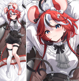 ahoge animal_ears bare_legs belt black_bottomwear black_clothing black_shorts blue_eyes blush bottomwear bow_(feature) breasts cape clothing colored_nails dakimakura dice feet female fur_cape fur_clothing hair hair_between_eyes highlights_(coloring) knock-kneed legwear lying medium_breasts multi_ear nails pantyhose raised_hands red_hair red_nails ruffle_shirt shirt shorts smile tail thigh_strap topwear white_clothing white_legwear white_pantyhose white_shirt white_topwear ardenlolo hololive hololive_en vtuber hakos_baelz animal_humanoid humanoid mammal mammal_humanoid murid murid_humanoid murine murine_humanoid rat_humanoid rodent rodent_humanoid absurd_res hi_res