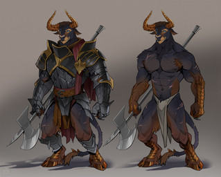 abs anthro armor black_body bottomwear brown_body brown_scales clothing gauntlets gloves halberd handwear holding_object holding_weapon hooves horn leather leather_armor leg_armor loincloth male melee_weapon muscular muscular_male pauldron pecs plate_armor polearm pteruges scales scar schynbalds solo standing tail weapon sinealas dungeons_and_dragons european_mythology greek_mythology hasbro mythology wizards_of_the_coast bovid bovine mammal minotaur hi_res model_sheet
